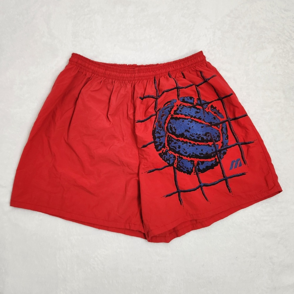 Vintage Mizuno Volleyball Shorts Mens XL Red Supplex Nylon Graphic 90s USA Made